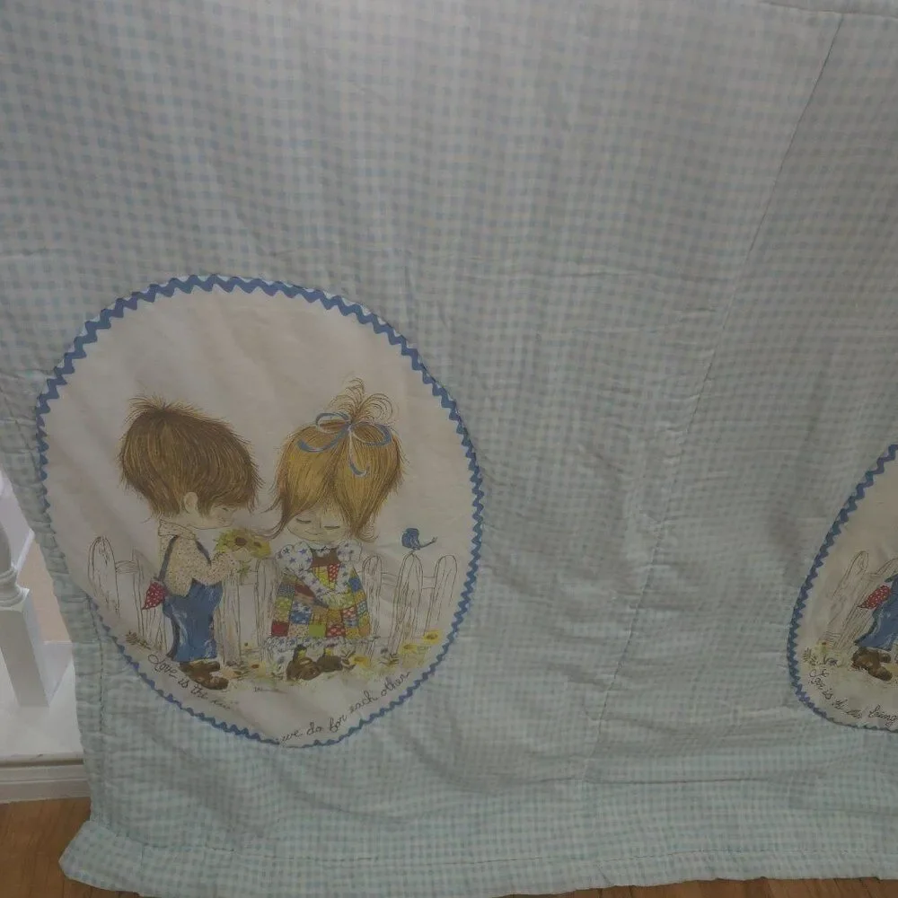 Vintage 70s Petticoats and Pantaloons Blue Gingham Quilt Comforter Full Size